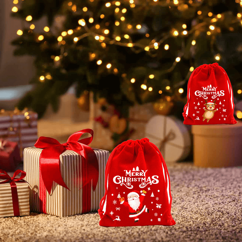 12pcs Weihnachten Taschen Geschenk Taschen Weihnachten Geschenk in Stoff 9x12cm - Weihnachtsbaum, Weihnachtsmann, Elch Frohe Weihnachten
