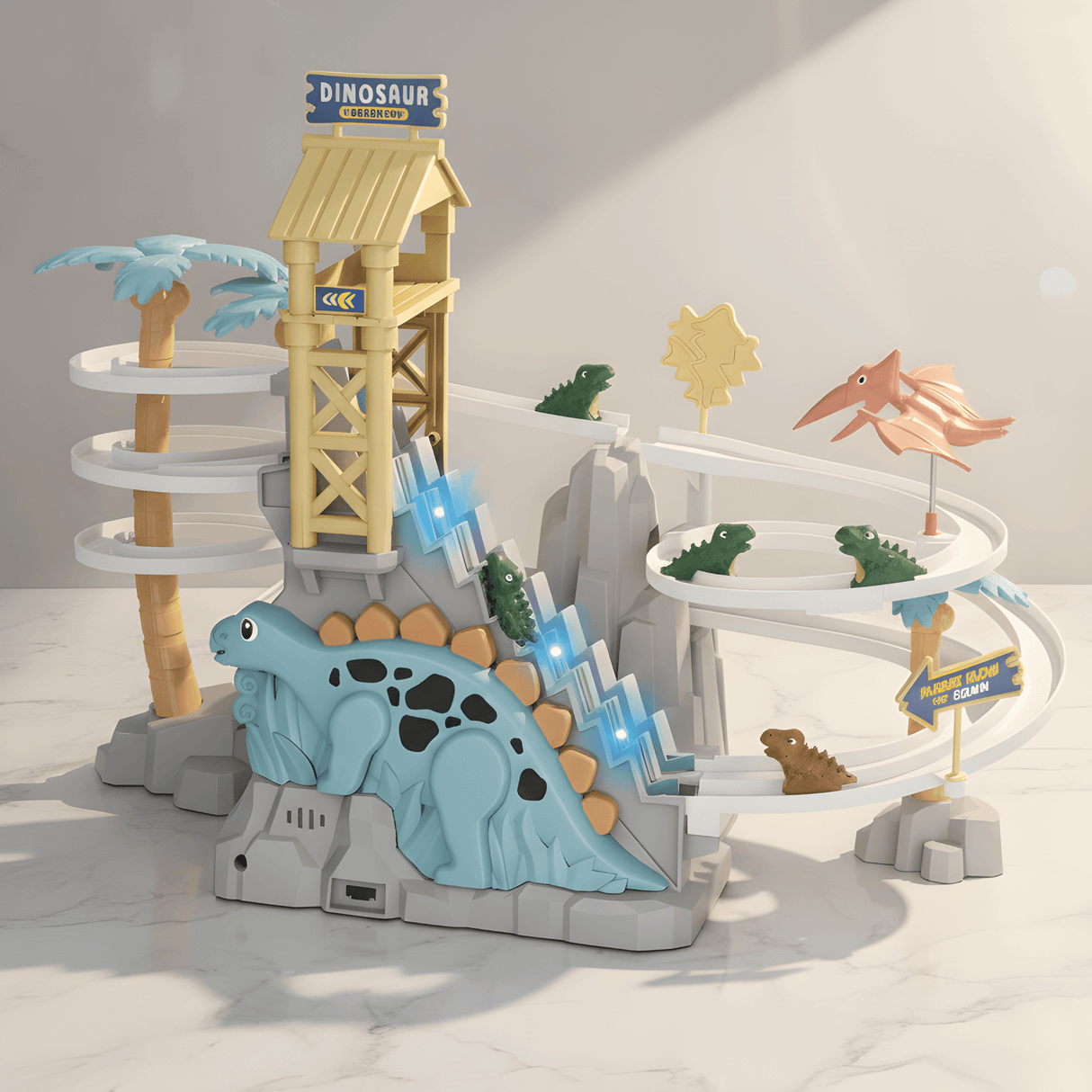 DinoTrack - Elektrische zweigleisige Dinosaurierrutsche mit dynamischer Klettertreppe, Lichter & Musik für Kinder