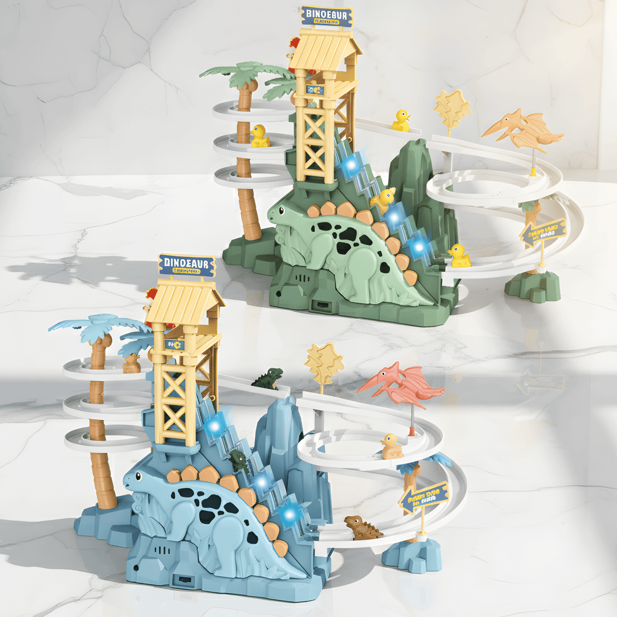 DinoTrack - Elektrische zweigleisige Dinosaurierrutsche mit dynamischer Klettertreppe, Lichter & Musik für Kinder