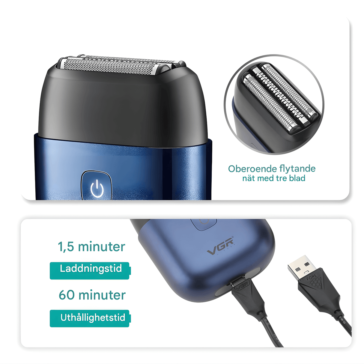 TrimAxis - Elektrischer Rasierer mit drei Klingen für Männer, IPX7 wasserfestes Design & Schnelles Aufladen über USB Typ-C