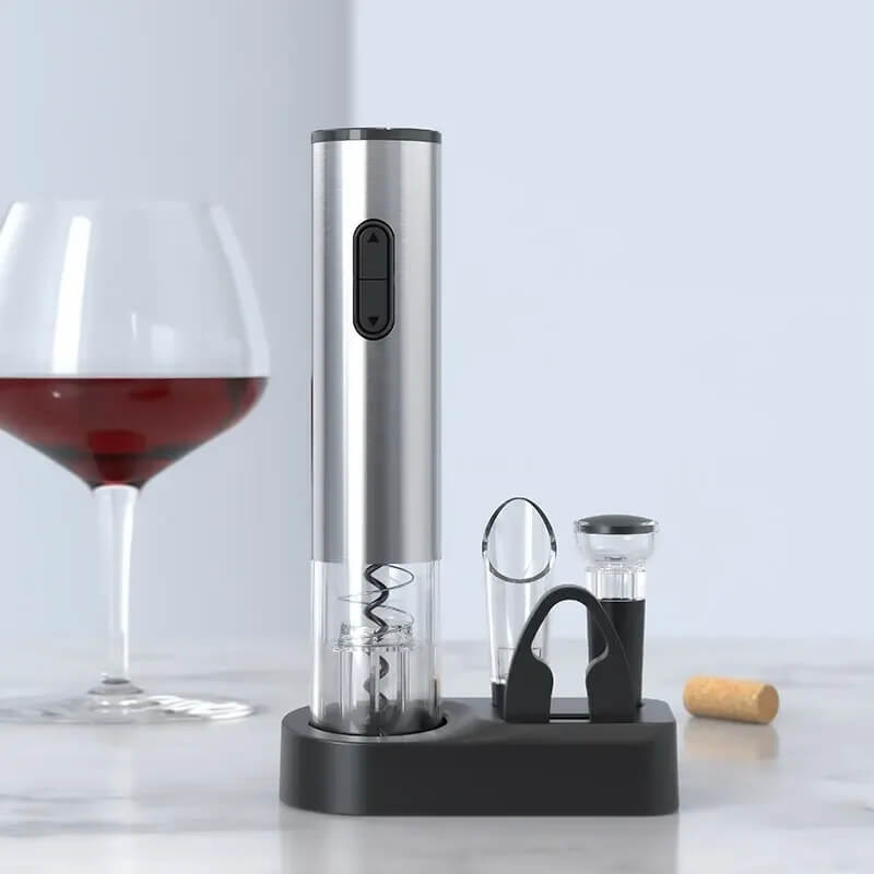 Elektrischer Weinöffner Set 5-in-1 mit Folienschneider, Weinausgießer & Vakuumstopper - Automatischer Korkenzieher & Display Base | Perfektes Geschenk für Weinliebhaber