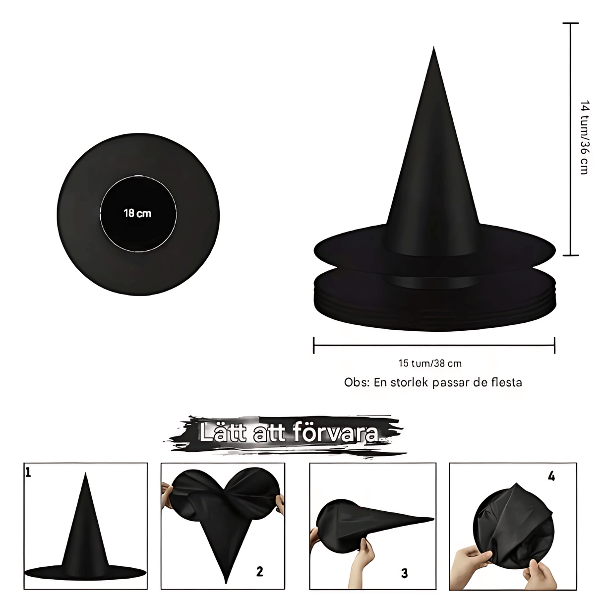 WitchGleam - Zusammenklappbarer Halloween Hexenhut aus schwarzem Polyester für Maskerade, Party & Dekoration