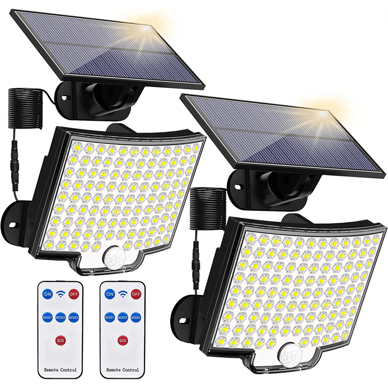 Solarbetriebener LED-Flutlichtstrahler mit Bewegungssensor | 106 LED, 3000LM, 180° Ausleuchtung, 4 Modi, IP65 Wasserdichte Außenleuchte mit separatem Solarpanel