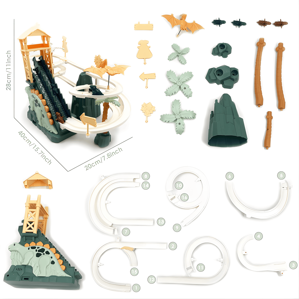 DinoTrack - Elektrische zweigleisige Dinosaurierrutsche mit dynamischer Klettertreppe, Lichter & Musik für Kinder