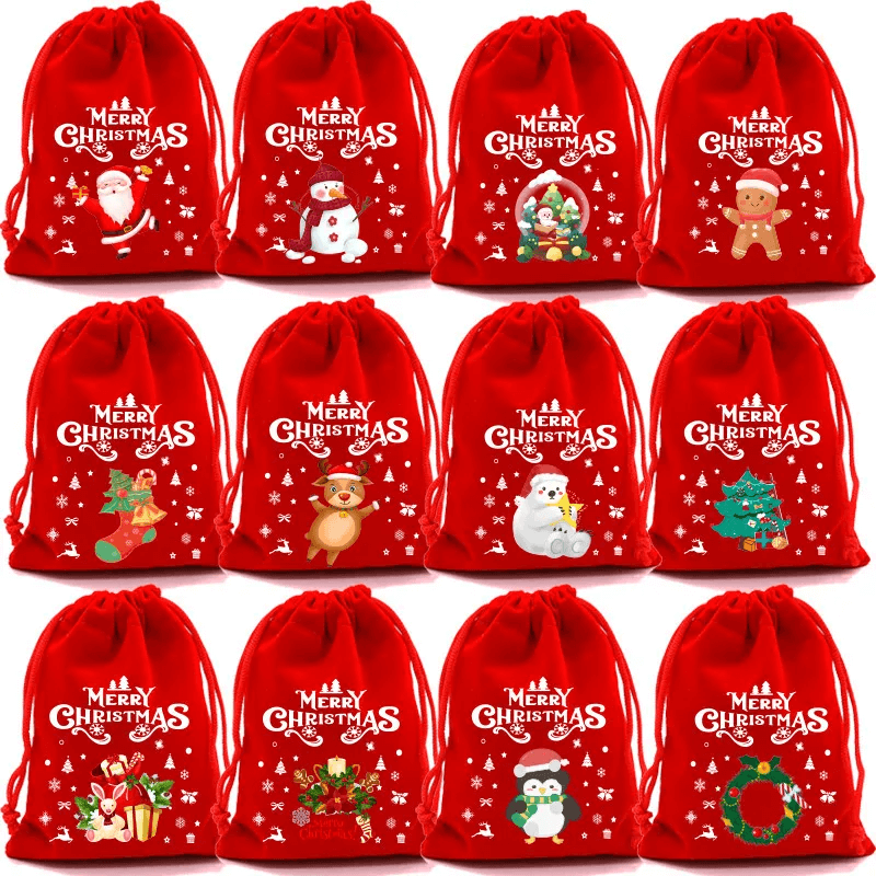 12pcs Weihnachten Taschen Geschenk Taschen Weihnachten Geschenk in Stoff 9x12cm - Weihnachtsbaum, Weihnachtsmann, Elch Frohe Weihnachten