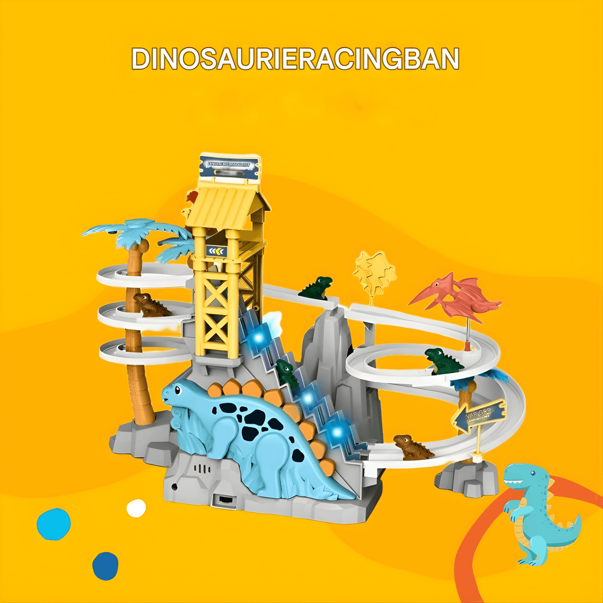 DinoTrack - Elektrische zweigleisige Dinosaurierrutsche mit dynamischer Klettertreppe, Lichter & Musik für Kinder