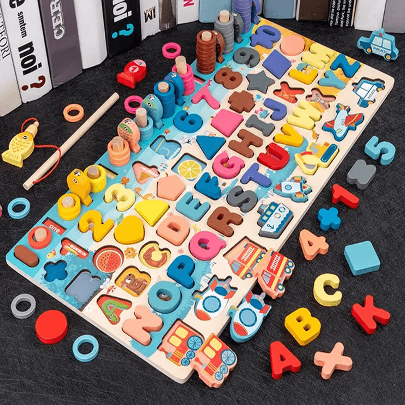 Montessori Holzpuzzle für Kleinkinder | 5-in-1 Lernspielzeug aus Holz mit Fischspiel, Sortieren & Zählen - Lernspiel für Kinder 2-5 Jahre