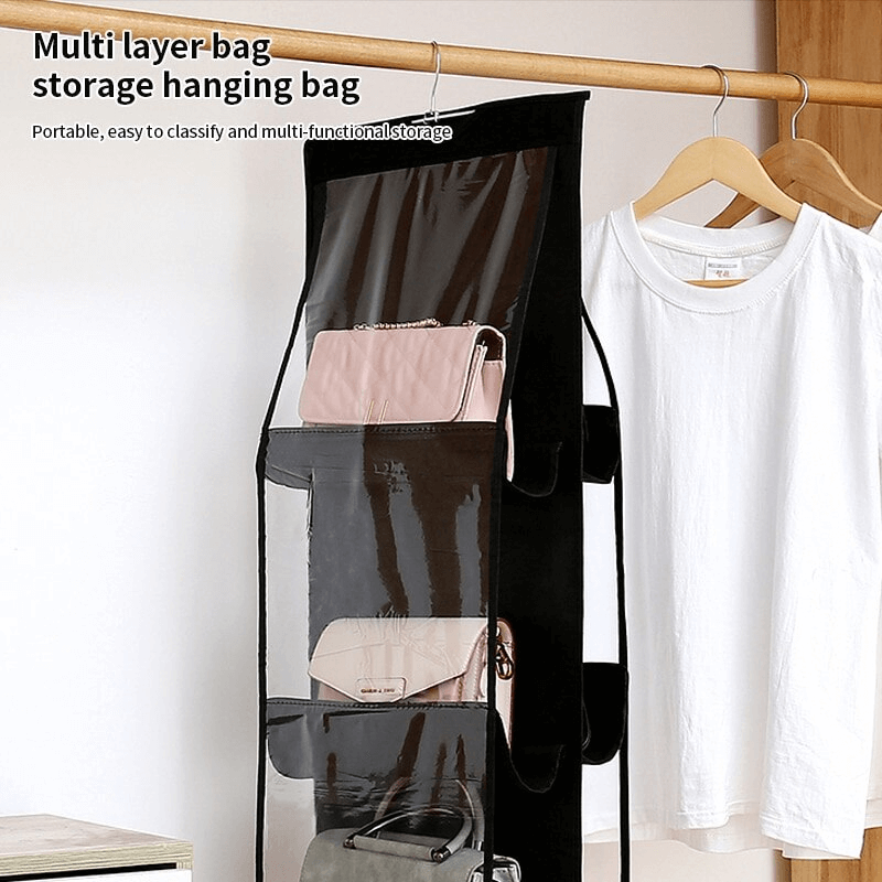 Schwarzer hängender Kleiderschrank-Organisator mit 6 Fächern | Doppelseitige Aufbewahrungslösung für Taschen, Schuhe & Kleidung