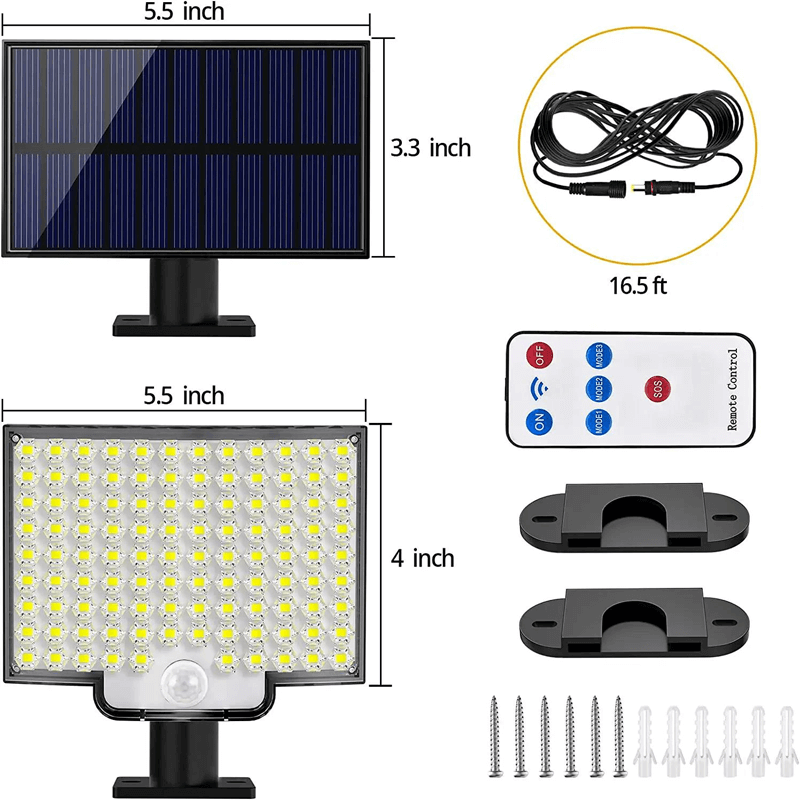 Solarbetriebener LED-Flutlichtstrahler mit Bewegungssensor | 106 LED, 3000LM, 180° Ausleuchtung, 4 Modi, IP65 Wasserdichte Außenleuchte mit separatem Solarpanel