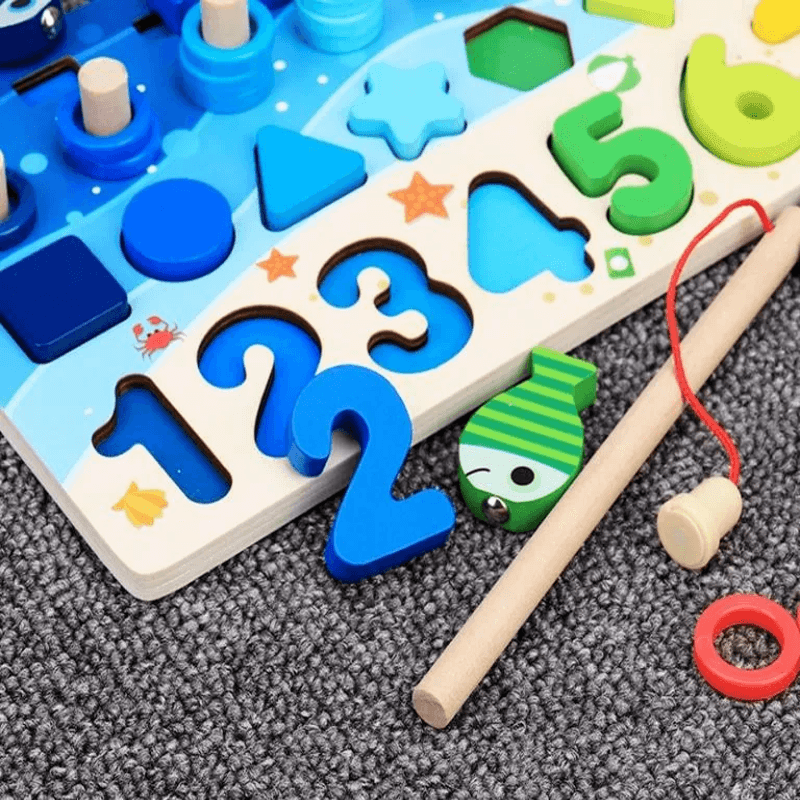 Montessori Holzpuzzle für Kleinkinder | 5-in-1 Lernspielzeug aus Holz mit Fischspiel, Sortieren & Zählen - Lernspiel für Kinder 2-5 Jahre