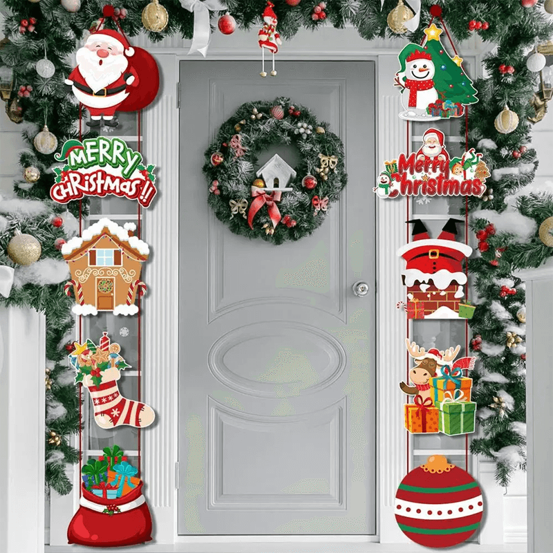 Frohe Weihnachten Türbanner zum Aufhängen - Weihnachtsmann, Schneemann, Weihnachtsbaum, Lebkuchenhaus