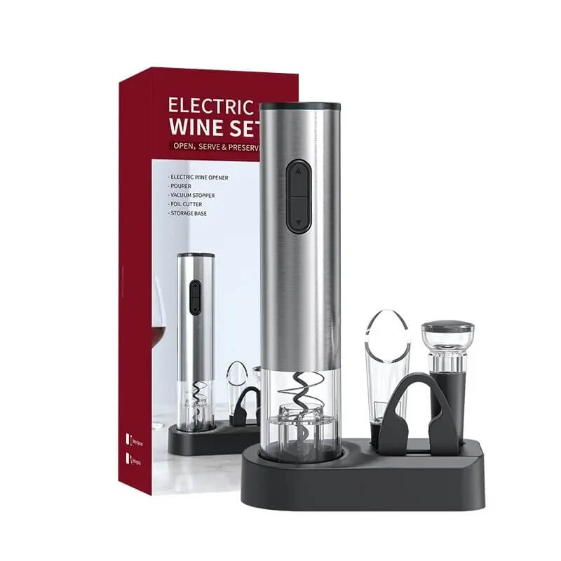 Elektrischer Weinöffner Set 5-in-1 mit Folienschneider, Weinausgießer & Vakuumstopper - Automatischer Korkenzieher & Display Base | Perfektes Geschenk für Weinliebhaber