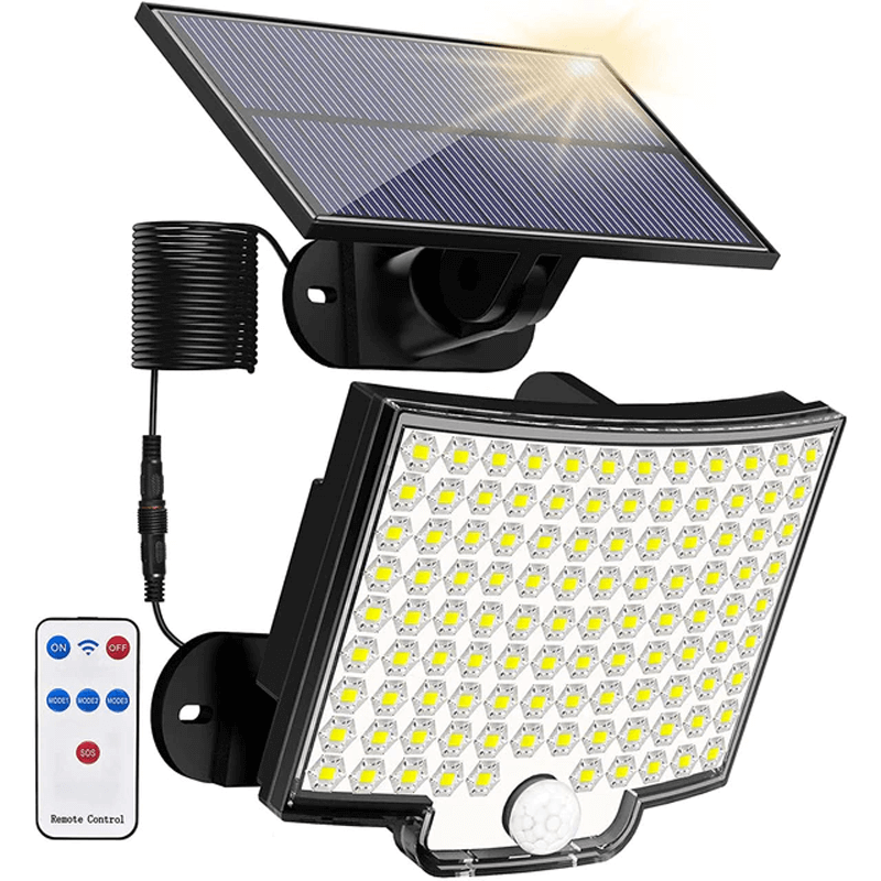 Solarbetriebener LED-Flutlichtstrahler mit Bewegungssensor | 106 LED, 3000LM, 180° Ausleuchtung, 4 Modi, IP65 Wasserdichte Außenleuchte mit separatem Solarpanel
