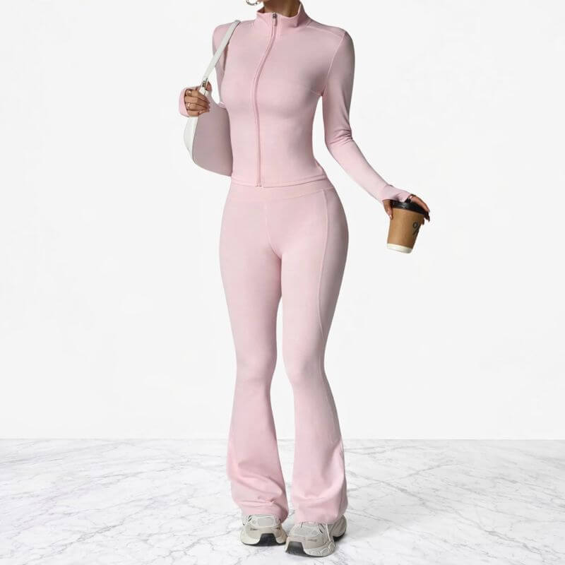 AeroFlare – Schnelltrocknendes Damen-Trainingsset mit schmal geschnittener Jacke und ausgestellter Leggings für Yoga, Workout und Alltag