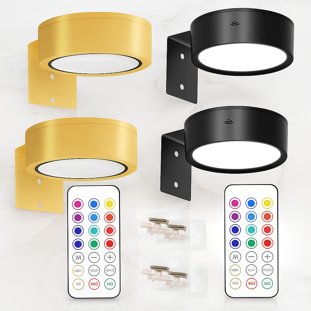 LINA - 2er-Pack LED-Wandleuchten in Schwarz & Gold mit 13 Farbmodi, magnetische Halterung & Fernbedienung