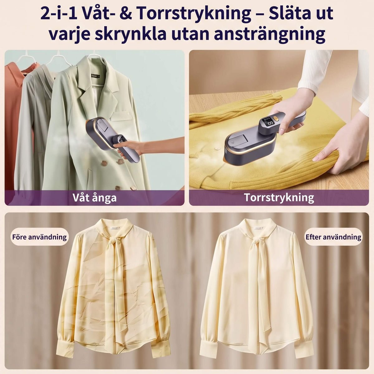 SteamFold – Handhållet Ångstrykjärn 1200W med Vikbart Handtag – Portabelt Resestrykjärn med Våt och Torr Strykning, LED-display och Väggfäste