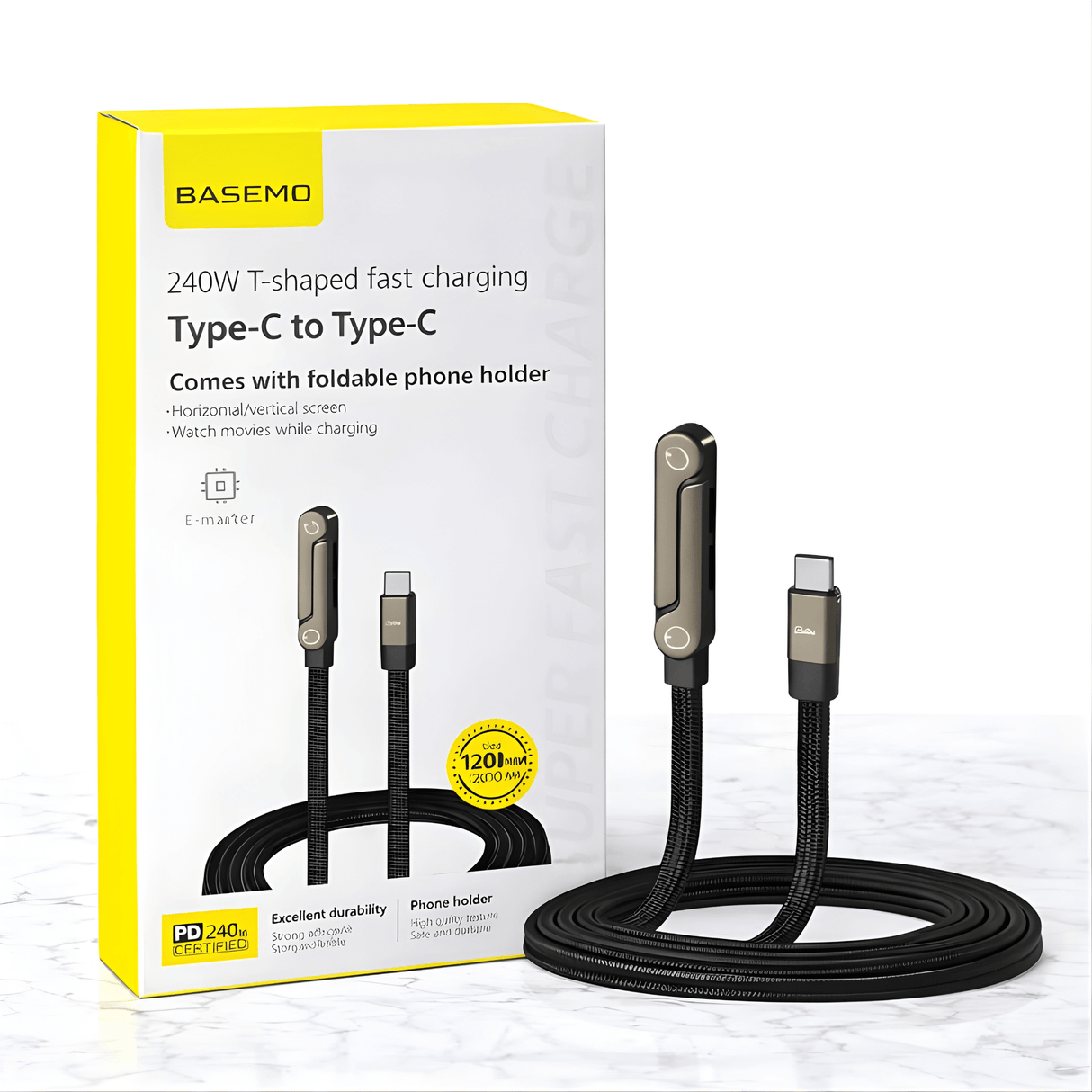 VoltDock – 240-W-/65-W-Schnellladekabel mit faltbarem Ständer, geflochtenem Design und Winkelstecker für Mobiltelefone, Tablets und Laptops