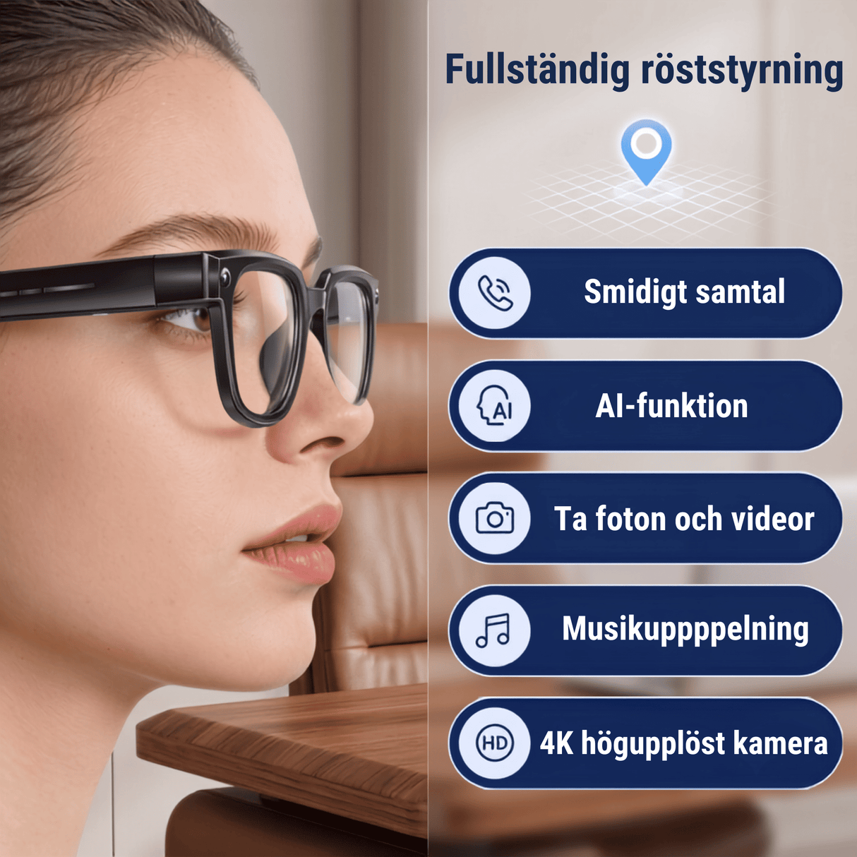 VoxLens – Smarta AI-Glasögon med Kamera, Realtidsöversättning och Röststyrning – 4K Video, Samtal och Musik