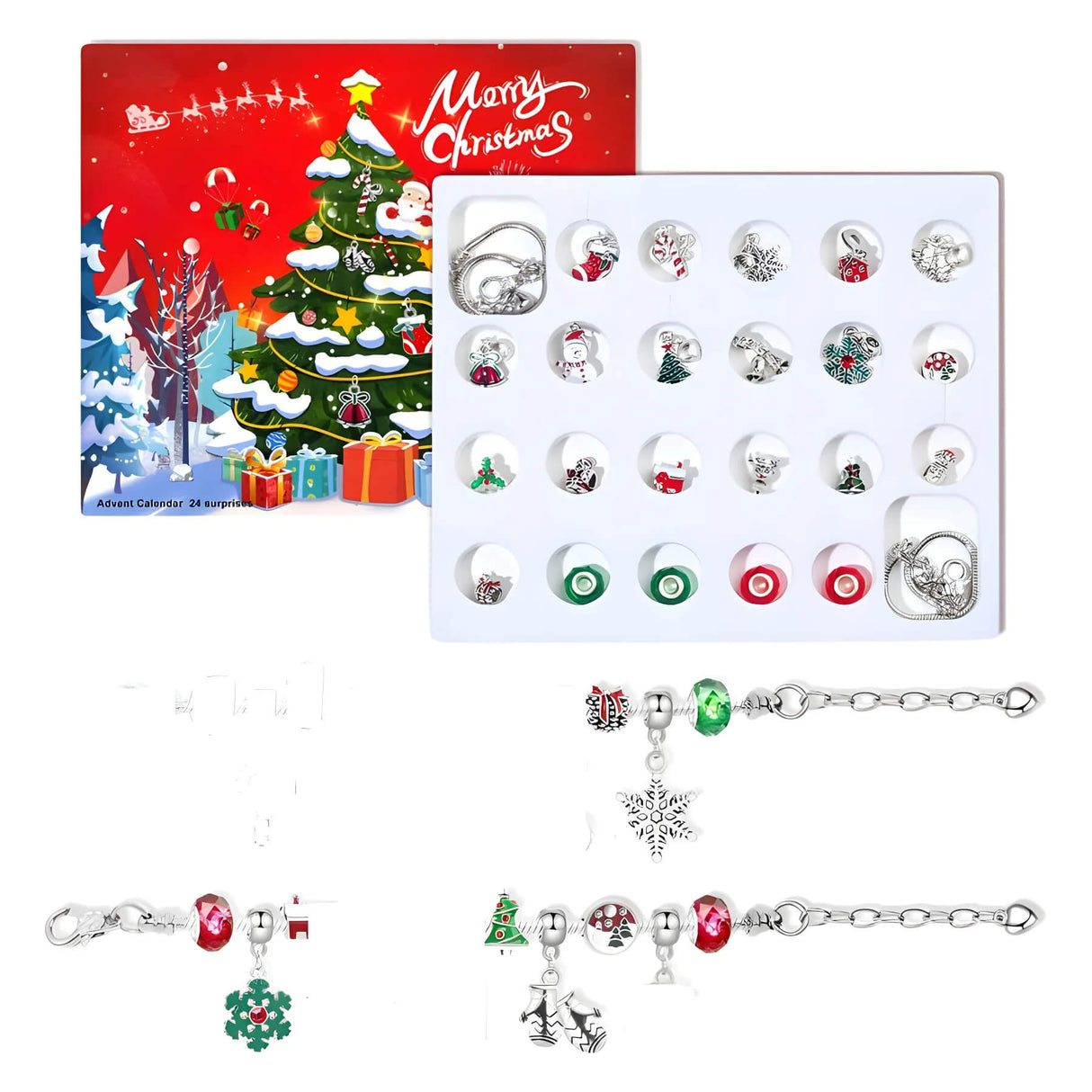 Charméa - 24 Tage Schmuck-Adventskalender für Mädchen und Frauen mit Weihnachtsanhängern und Armbändern