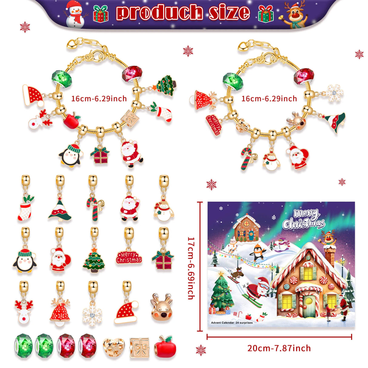 Charméa - 24 Tage Schmuck-Adventskalender für Mädchen und Frauen mit Weihnachtsanhängern und Armbändern