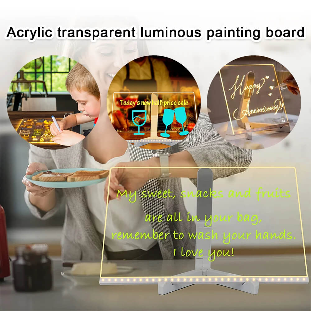 Transparent Light Acryl-Schreibtafel mit 7-farbigen Stiften - Wiederverwendbare Nachrichtentafel mit LED-Beleuchtung