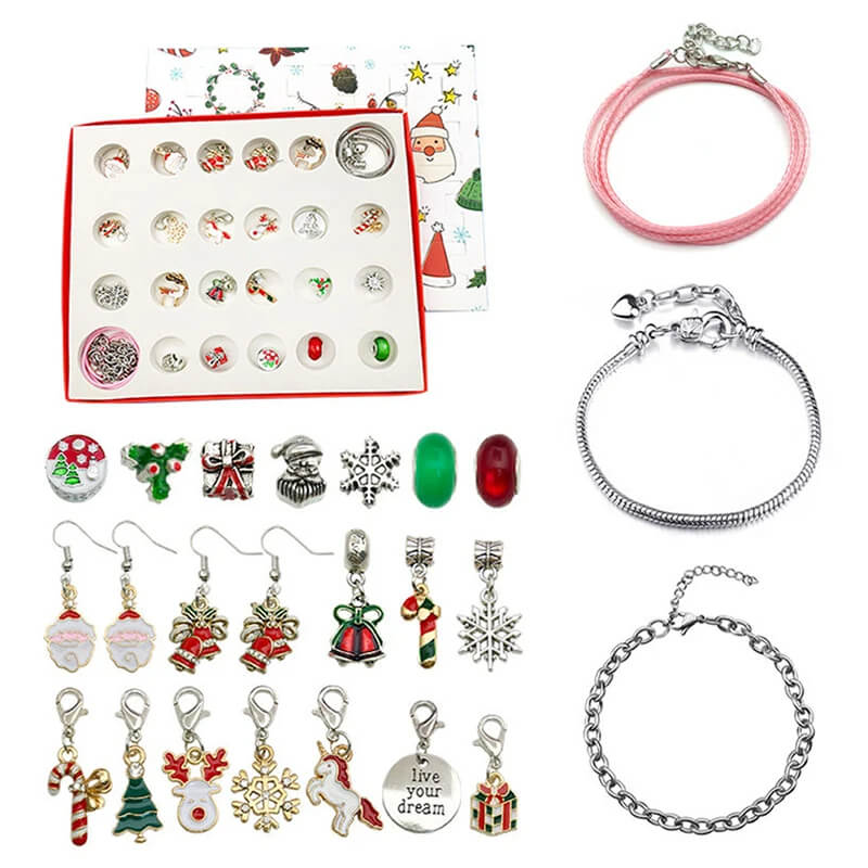 Luxus-Schmuck-Adventskalender für Kinder - 24 Schachteln mit Armbändern und Anhängern für DIY-Weihnachtsschmuck