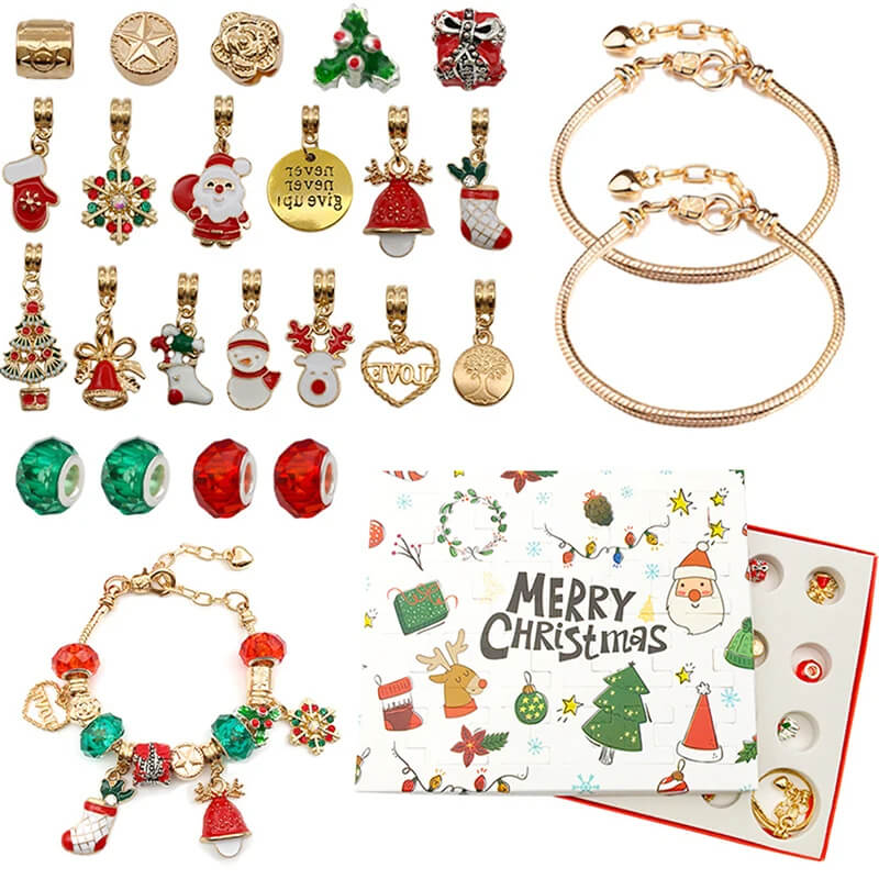Luxus-Schmuck-Adventskalender für Kinder - 24 Schachteln mit Armbändern und Anhängern für DIY-Weihnachtsschmuck