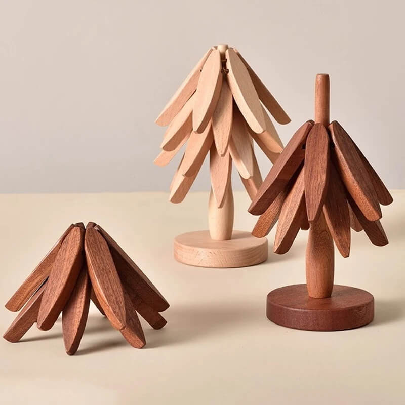 Untersetzer aus Walnussholz - stilvoll und praktisch, Holzkunst für Ihren Tisch, 3er-Set Holzuntersetzer, kreativer faltbarer Topfuntersetzer