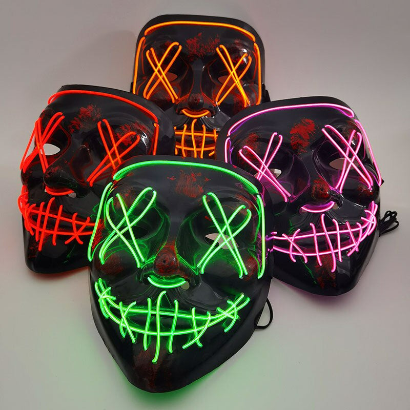 LED Horror Maske für Halloween & Maskerade | Purge-inspirierte blinkende Maske mit 3 Lichtmodi - einstellbar & Sicheres EL-Draht Design