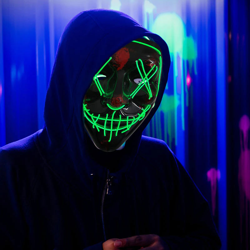 LED Horror Maske für Halloween & Maskerade | Purge-inspirierte blinkende Maske mit 3 Lichtmodi - einstellbar & Sicheres EL-Draht Design