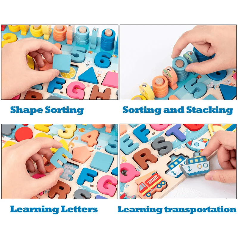 Montessori Holzpuzzle für Kleinkinder | 5-in-1 Lernspielzeug aus Holz mit Fischspiel, Sortieren & Zählen - Lernspiel für Kinder 2-5 Jahre