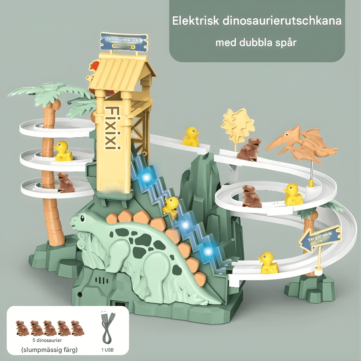 DinoTrack - Elektrische zweigleisige Dinosaurierrutsche mit dynamischer Klettertreppe, Lichter & Musik für Kinder