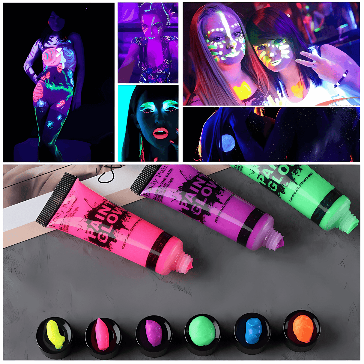 NeonAura - Halloween Neon Fluorescent UV Body Paint Set für Gesicht und Körper, Glow in the Dark, Party & Festival Farbe