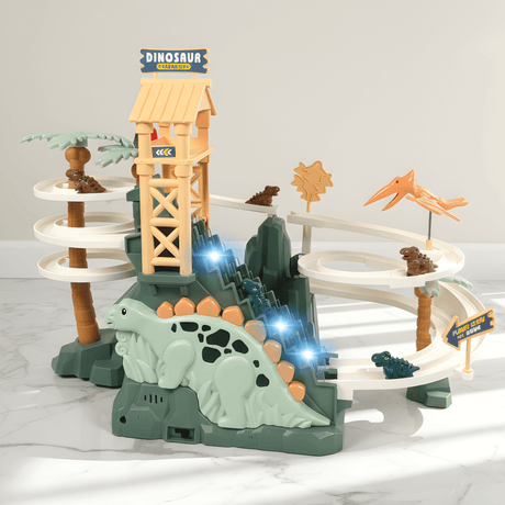 DinoTrack - Elektrische zweigleisige Dinosaurierrutsche mit dynamischer Klettertreppe, Lichter & Musik für Kinder