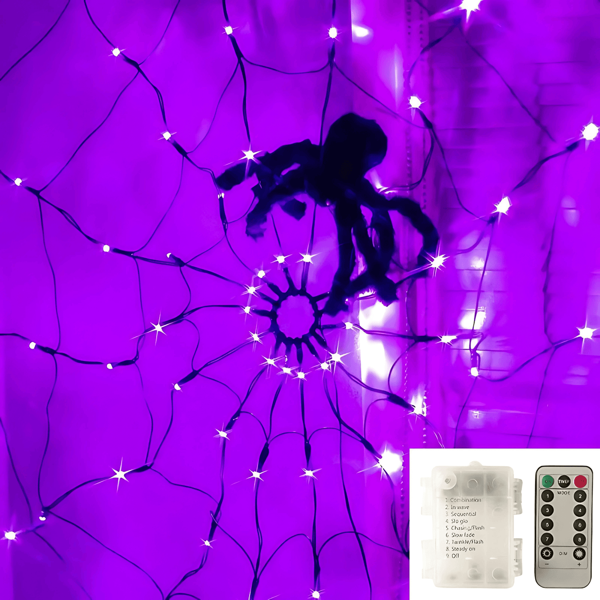 SpiderGlow – Halloween-Spinnennetz-LED-Lichterkette mit Fernbedienung, Spinnendekoration und 8 Lichtmodi