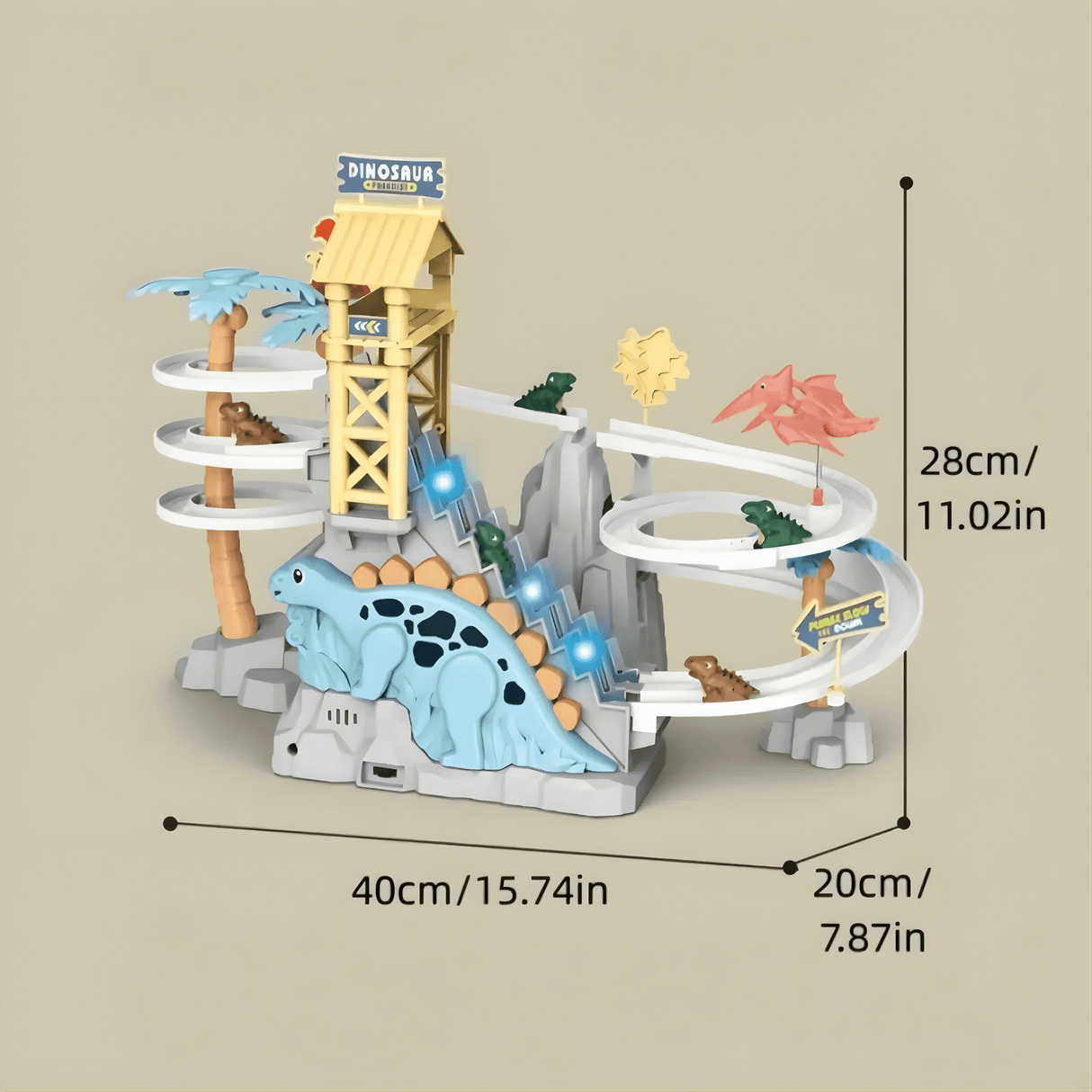 DinoTrack - Elektrische zweigleisige Dinosaurierrutsche mit dynamischer Klettertreppe, Lichter & Musik für Kinder