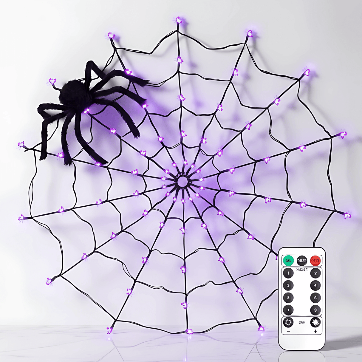 SpiderGlow – Halloween-Spinnennetz-LED-Lichterkette mit Fernbedienung, Spinnendekoration und 8 Lichtmodi