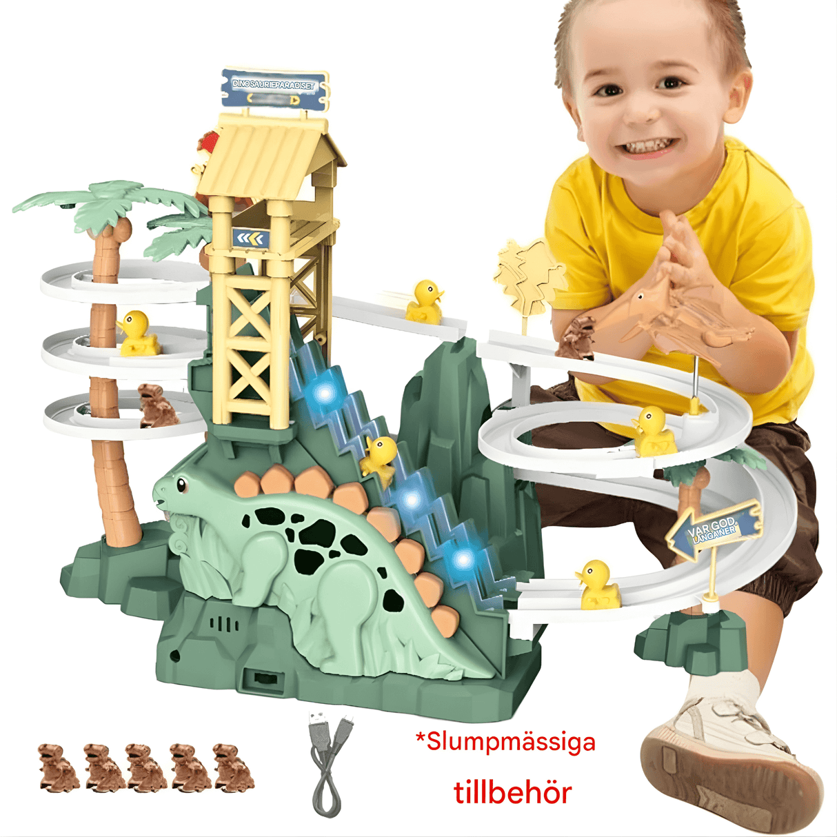 DinoTrack - Elektrische zweigleisige Dinosaurierrutsche mit dynamischer Klettertreppe, Lichter & Musik für Kinder