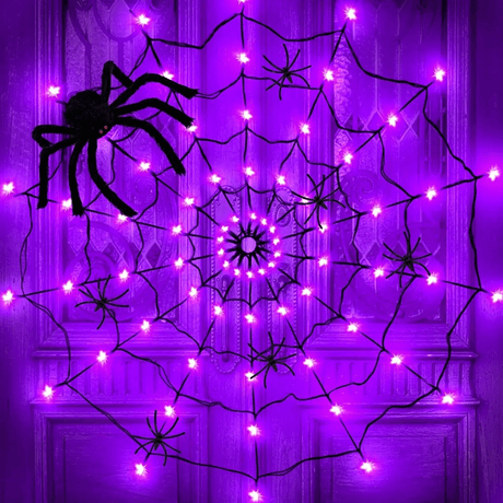 SpiderGlow - Halloween Spinnennetz LED-Lichterkette mit Fernbedienung, Spinne Dekoration & 8 Lichtmodi