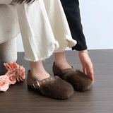 FurVibe - Plüsch-Kuschelschuhe mit goldener Schnalle & Rutschfeste Sohle für drinnen und leicht draußen