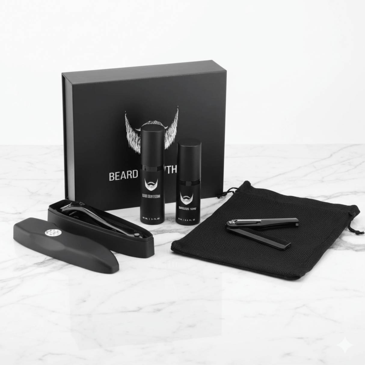 BeardForge – Bartwuchs-Set für Männer mit Rasierer, Serum, Desinfektionsspray und Kamm