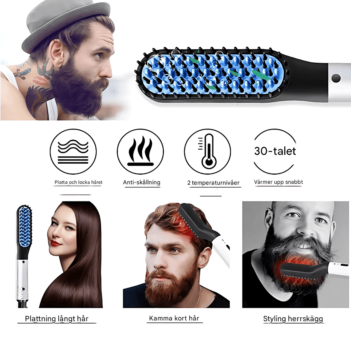 GroomFlex - Elektrischer Kamm und Haarstyler mit Ionisierung & Einstellbare Hitze für Bart und Haar