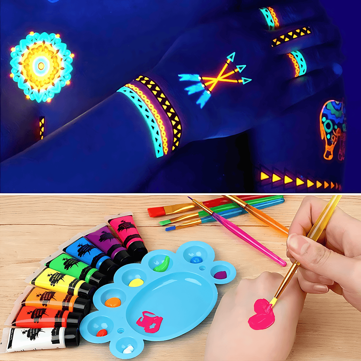 NeonAura - Halloween Neon Fluorescent UV Body Paint Set für Gesicht und Körper, Glow in the Dark, Party & Festival Farbe