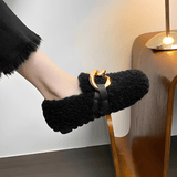 CozyGleam - Plüsch-Kunstfell-Kuschelschuhe mit goldener Schnalle und Teddy-Textur für Zuhause und draußen
