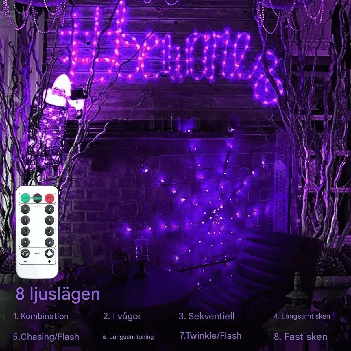 SpiderGlow – Halloween-Spinnennetz-LED-Lichterkette mit Fernbedienung, Spinnendekoration und 8 Lichtmodi