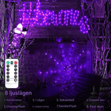 SpiderGlow – Halloween-Spinnennetz-LED-Lichterkette mit Fernbedienung, Spinnendekoration und 8 Lichtmodi