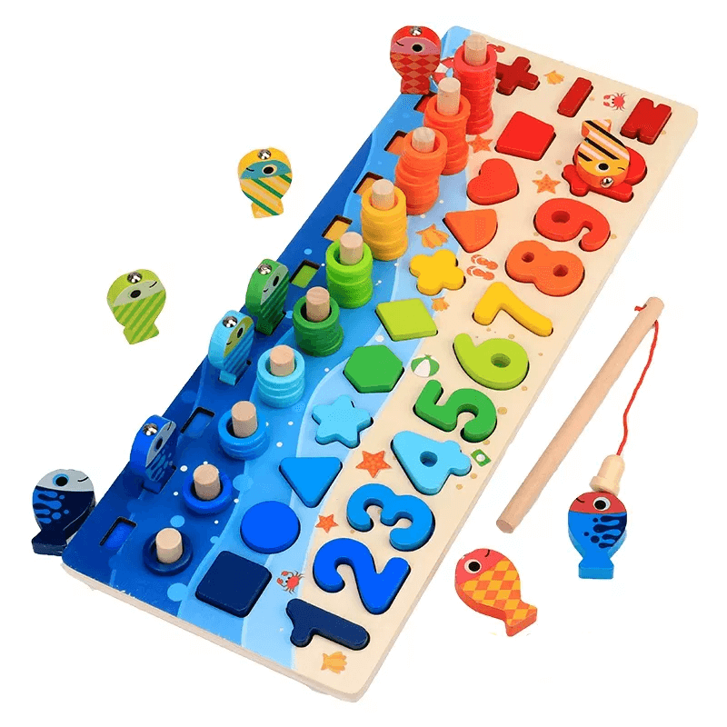 Montessori Holzpuzzle für Kleinkinder | 5-in-1 Lernspielzeug aus Holz mit Fischspiel, Sortieren & Zählen - Lernspiel für Kinder 2-5 Jahre