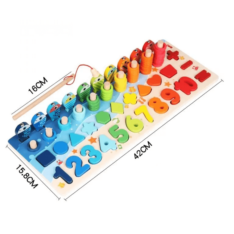 Montessori Holzpuzzle für Kleinkinder | 5-in-1 Lernspielzeug aus Holz mit Fischspiel, Sortieren & Zählen - Lernspiel für Kinder 2-5 Jahre