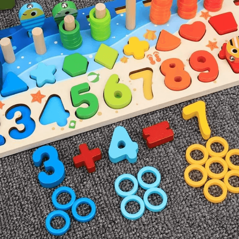 Montessori Holzpuzzle für Kleinkinder | 5-in-1 Lernspielzeug aus Holz mit Fischspiel, Sortieren & Zählen - Lernspiel für Kinder 2-5 Jahre