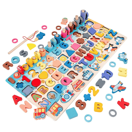 Montessori Holzpuzzle für Kleinkinder | 5-in-1 Lernspielzeug aus Holz mit Fischspiel, Sortieren & Zählen - Lernspiel für Kinder 2-5 Jahre